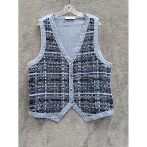 Victoria Jones Vest Womens Large Blue Plaid Sheer Chambray Button Front Belted